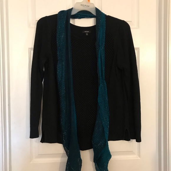 Apt 9 Black Open Knit Front Crewneck Sweater with Turquoise and Silver Scarf - Picture 2 of 6